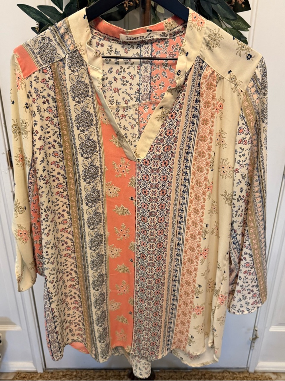 Liberty Love Boho Mixed Floral & Stripe Print Patchwork Top Blouse XL